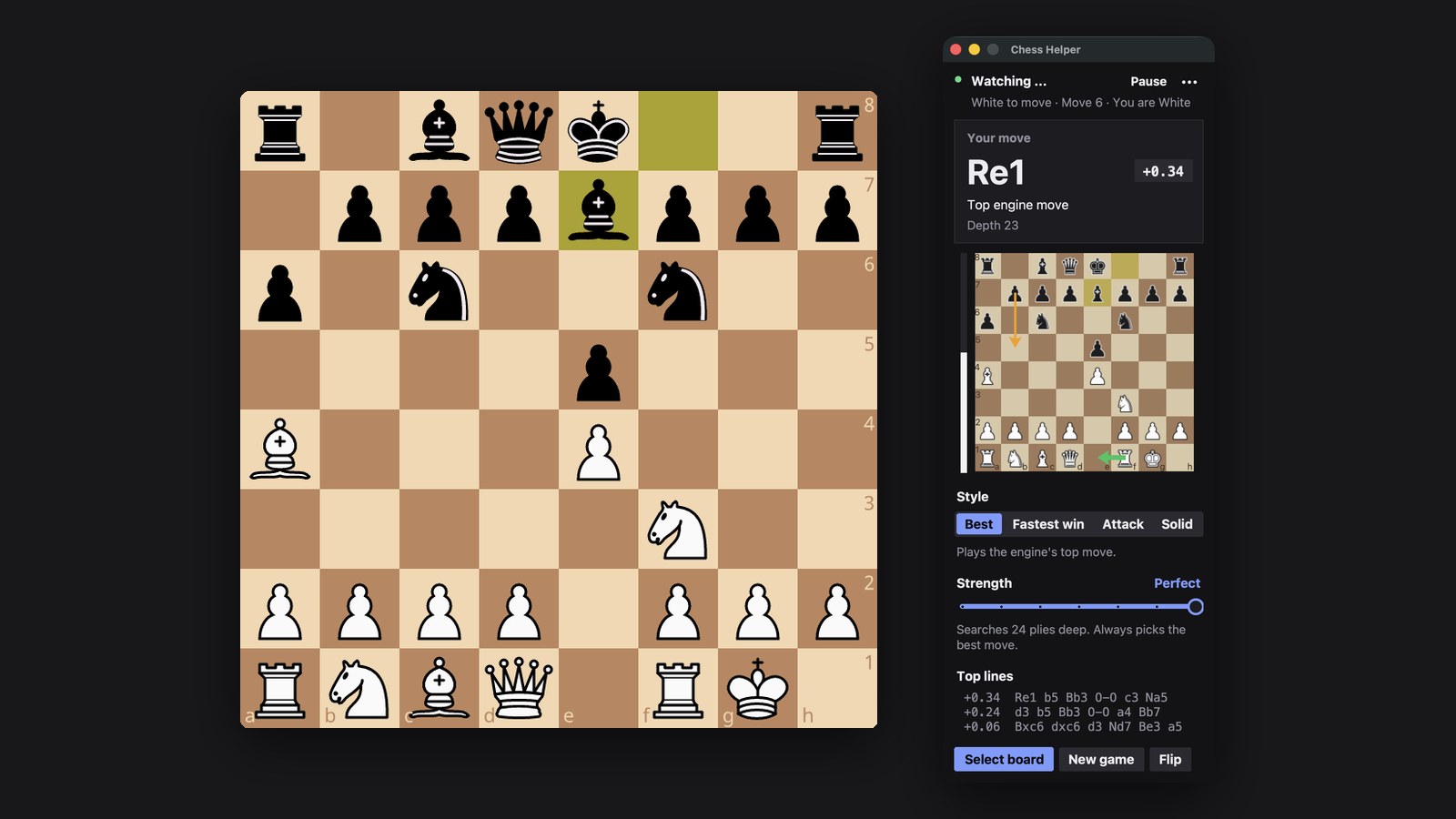 A chess game in progress with the Chess Helper window beside it, suggesting the move Re1 with an arrow on its small board