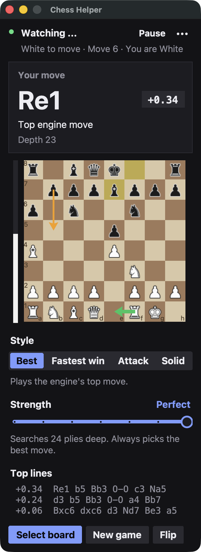 The Chess Helper window: the suggested move Re1, a small board with arrows, the style and level controls, and the top three moves to consider