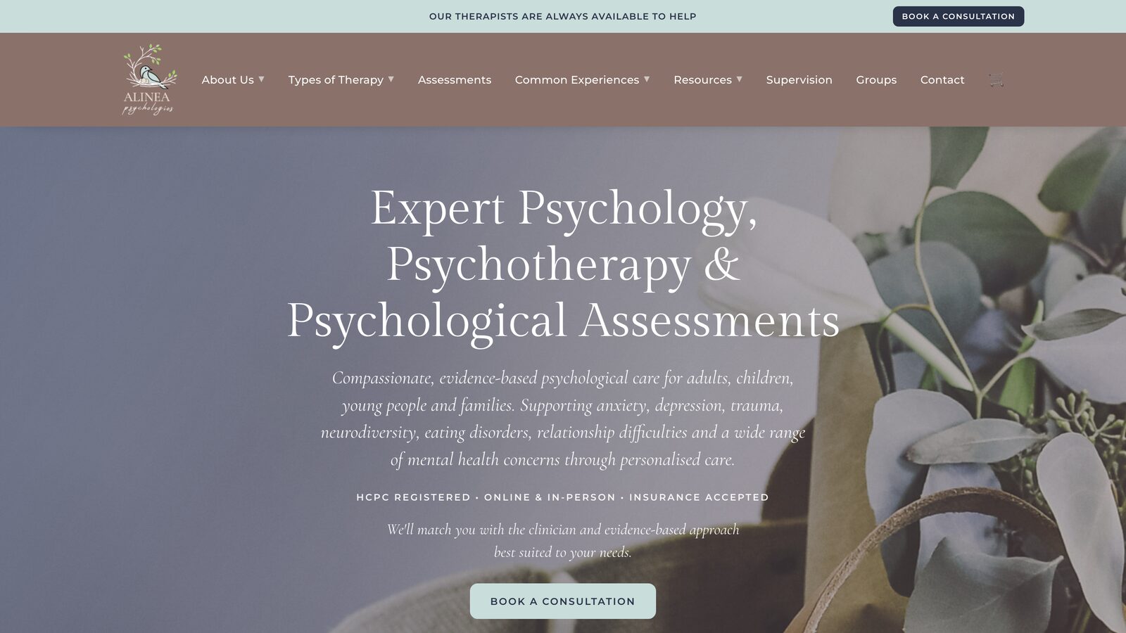 Alinea Psychologies homepage - 'Expert Psychology, Psychotherapy & Psychological Assessments'